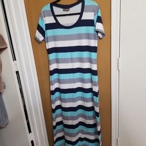 Long blue striped dress with short sleeves